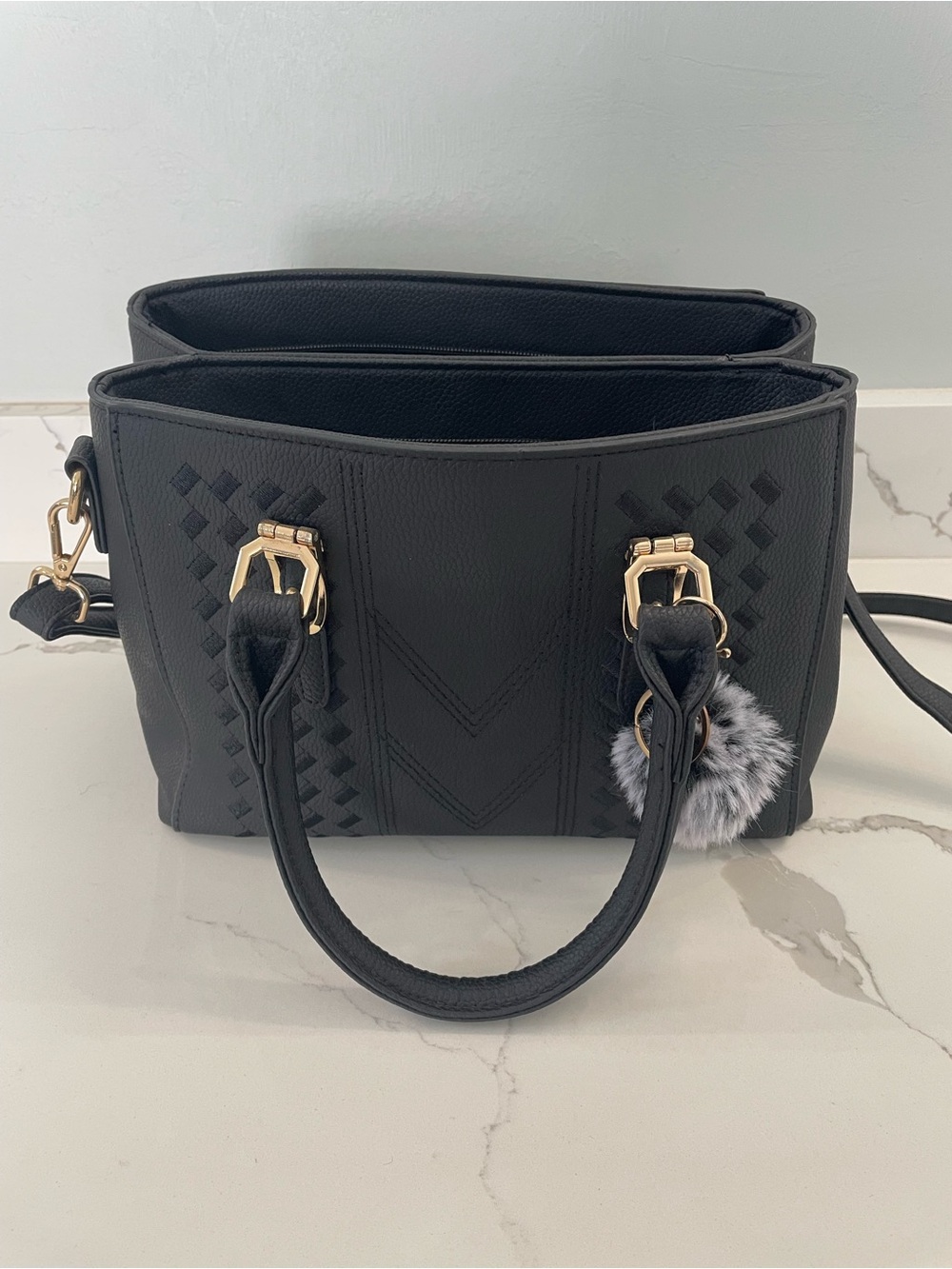 Black Structured Tote Handbag with Gold Hardware